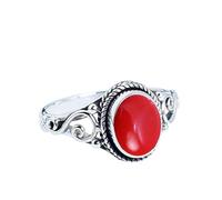 XJBTBA Oval Shape Natural Red Coral Ring 925 Sterling Silver Statement Ring For Women Prefect Gift For Her Natural Gemstone Bohemian Coral Ring Size N