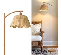 XJBTBA Rattan Bedroom, Boho Floor Lamp Foot Switch, Farmhouse Standing Lamps for Living Room with Hand-Woven Shade, Walnut Metal Base & Pole