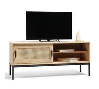 XJBTBA Rattan Effect TV Unit - Light Wood Effect TV Stand Cabinet - For TV's up to 55" - Scandi Style Entertainment Unit, Storage Cupboard & 2 Open Shelves - For Living Room & Lounge - Lena