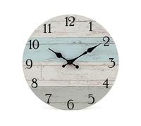 XJBTBA Retro Country Style Round Wooden Wall Clock, Battery Powered, Quartz Silent and Ticking, Home Decoration Suitable for Kitchen, Living Room or Office(12'' Coastal Worn Blue)