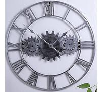 XJBTBA Roman Retro Gear Large Wall Clock Round Metal Silent Non-Ticking Battery Operated 58cm Large Industrial Gear Wall Clock for Living Room,Bedroom,Kitchen Decor Silver