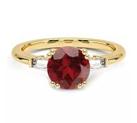 XJBTBA Round & Cut Garnet & White Diamond Three Stone Engagement Ring For Women, 14K Yellow Gold Plated 925 Silver January Birthstone Garnet Past Present Future Ring