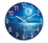 XJBTBA Round Glass Blue Moon Wall Clock, Silent Non-tick, Battery Powered, Decorating and Office Suitable for Kitchen, Living Room or Office(Blue1,14 Inch)