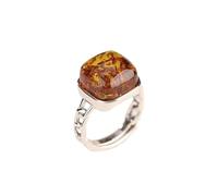 XJBTBA S925 Silver with Natural Flower Amber Square Ring Ring for Women Genuine Jade