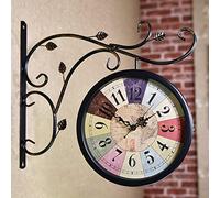 XJBTBA Station Clock Double-Sided Wall Clock Retro Station Clock Outdoor, Vintage Antique-Look Holder Hanging Decorative Clock for Indoor Garden, Old Station Clock C