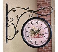 XJBTBA Station Clock Double-Sided Wall Clock Retro Station Clock Outdoor, Vintage Antique-Look Holder Hanging Decorative Clock for Indoor Garden, Old Station Clock C