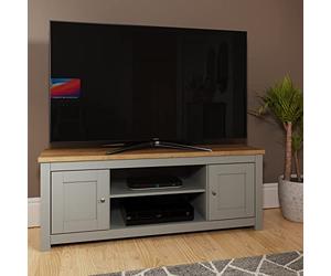 XJBTBA Timber Art UK Lisbon 2 Doors TV Unit Cabinet Storage Stand 2 Open Shelves Media Devices Furniture Living Room, Bedroom, Light Grey