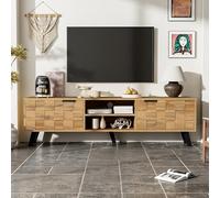 XJBTBA TV cabinet, wood TV Unit 160cm Storage Sideboard with 2 Doors&2 Open Shelves, with textured geometric wood pattern, black handles and legs, 160.5 L x 35.5 B x 45 H