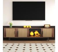 XJBTBA TV cabinet, Wood TV Unit 200cm Storage Sideboard with 4 Doors, Smart LED Light Strip, Carved Texture, 200 * 35 * 53 cm