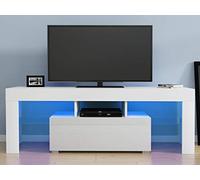 XJBTBA TV Unit Stand 130cm TV Cabinet White Matt and White High Gloss Drawer LED Lights