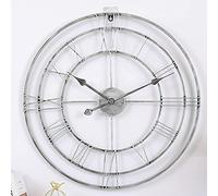 XJBTBA Vintage Large 60cm Wall Clock Round Metal Silent Non-Ticking Battery Operated Black Roman Numerals Clocks for Home, Office, Indoor, Outdoor Garden Decor Silver