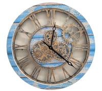 XJBTBA Vintage Steampunk Gear Wall Clock: Wood Metal, Exposed Gears, Loft, Industrial Style Fashion Decor, 24" Suitable for kitchen, living room or office(Vintage Ocean Blue and Bronze)