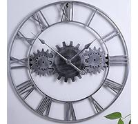 XJBTBA Wall Clock Art Clock Roman Retro Gear Large Wall Clock Round Metal Silent Non-Ticking Battery Operated 58cm Large Industrial Gear Wall Clock for Living Room,Bedroom,Kitchen Decor Gold (Silver