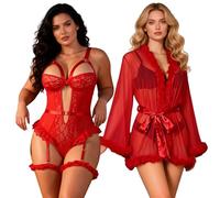XJBTBA Women's Sexy Lingerie Bundle - 2-Piece Set: Red Lace Bodysuit Teddy & Sheer Mesh Fur Trim Robe - Nightwear & Honeymoon Outfit (Size UK12-14)(M-L)