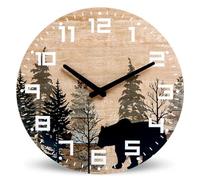 XJBTBA Wooden Silent Non-Tick Battery Operated Wall Clock, Country Farmhouse Mountain Cabin Art Deco, 12 Inch Suitable for Kitchen, Living Room or Office(Bear)