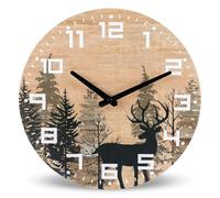 XJBTBA Wooden Silent Non-Tick Battery Operated Wall Clock, Country Farmhouse Mountain Cabin Art Deco, 12 Inch Suitable for Kitchen, Living Room or Office(Deer)