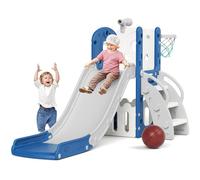XJD Kids Slide 5 in 1 Toddler Baby Slide, Climber with Basketball Hoop, Telescope, Storage Basket, Garden Climbing Frames for Children Playset Indoor & Outdoor Slide for Children Age 1-3 Blue