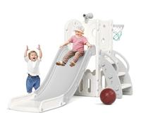 XJD Toddler Slide 5 in 1 Kids Baby Slide, Climber with Basketball Hoop, Telescope, Storage Basket, Garden Climbing Frames for Children Playset Indoor & Outdoor Slide for Children Age 1-3 Gray