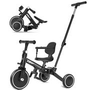 XJD Toddler Trike Bike, 6 in 1 Toddler Tricycle for 1-4 Year Old Boy & Girl with Push Handle, Balance Bike with Removable Pedal, Backrest, Adjustable Seat Height and Handle Birthday Gift (Black)