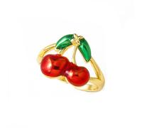 XJEIVJIC Cute Cherry Adjustable Open Rings for Women 14k Green Red Enamel Lovely Sweet Food Fruit Statement Finger Knuckle Band Ring Comfort Fit Minimalist