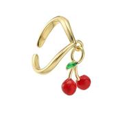 XJEIVJIC Cute Cherry Dangle V Shape Adjustable Open Ring for Women Charming 14k Colorful Enamel Food Fruit Lovely Sweet Statement Band Finger Ring Comfort Fit Trendy Fashion Accessory