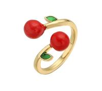 XJEIVJIC Cute Red Cherry Ring for Women Charm 14k Colorful Enamel Food Fruit Lovely Sweet Statement Adjustable Open Band Finger Ring Comfort Fit Fashion