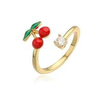 XJEIVJIC Cute Red Enamel Cherry Adjustable Open Rings for Women 14k Delicate Crystal Lovely Sweet Food Fruit Statement Finger Band Ring Comfort Fit Trendy