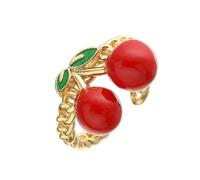 XJEIVJIC Cute Red Enamel Cherry Chain Ring for Women 14k Charm Lovely Sweet Food Fruit Statement Adjustable Open Band Finger Ring Comfort Fit for Her