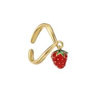 XJEIVJIC Cute Red Strawberry Dangle V Shape Adjustable Open Ring for Women Charm 14k Colorful Enamel Food Fruit Lovely Sweet Statement Band Finger Ring Comfort Fit Trendy Fashion