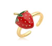 XJEIVJIC Cute Strawberry Adjustable Open Ring for Women 14k Red Fruit Colorful Enamel Lovely Sweet Food Fruit Statement Finger Band Ring Comfort Fit Trendy