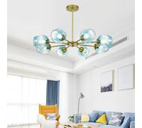 XJEIVJIC Modern 8 Lights Sputnik Chandelier - Living Room Pendant Light Fixture Semi Flush Mount Ceiling Pendant Lamp with Blue Lampshade Compatible with Kitchen,Chandelier