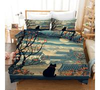 XJHTJA Black Cat Pattern Bedding Set Reversible Red Flower Ancient Buildings Quilt Cover Set for Women Men Kids Easy Care Microfiber Pet Cats Super King Duvet Cover