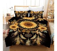 XJHTJA Dream Catcher Quilt Cover Set,Reversible Gold Sunflower Feather Print Bedding Set for Women Girls,Soft Easy Care Luxurious Retro Ethnic Double Duvet Cover with Zipper Closure