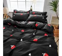 XJHTJA Girls Cute Strawberry Quilt Cover Set 2/3Pcs Reversible Lovely White Love Heart Red Fruit Print Bedding Set Soft Comfy Microfiber Black King Duvet Cover with Zipper Closure