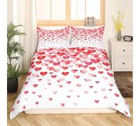 XJHTJA Girls Red Pink Love Hearts Bedding Set - Red Heart Gemstone Double Duvet Cover 2/3Pcs - Breathable Soft Microfiber White Quilt Cover Set with Zipper Closure