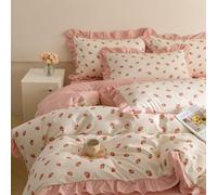 XJHTJA Kawaii Strawberry King Size Duvet Cover Sets Pink Ruffle Princess Style Bedding Set for Kids Girls Toddler Bedroom Decor Lovely Pink Fruit Printed Quilt Cover Romantic Bedspread Cove,King