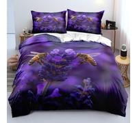 XJHTJA Lavender Quilt Cover Set,Purple Floral Yellow Bee 3D Print Bedding Set for Women Girls Teens,Soft Easy Care Insects Nature Design Double Duvet Cover with Zipper Closure