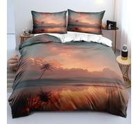 XJHTJA Ocean Theme Quilt Cover Set,Sunset Hawaii Beach Coconut Trees 3D Print Bedding Set for Women Girls Teens,Soft Easy Care Simple Nature Design Double Duvet Cover with Zipper Closure