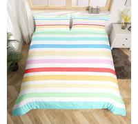 XJHTJA Rainbow Stripe Pattern Bedding Set 2/3Pcs - Women Girls Kids White Wide Stripe Print Quilt Cover Set - Easy Care Breathable Microfibre Double Duvet Cover with Zipper Closure