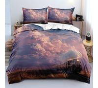 XJHTJA Steam Train Railway Landscape Print King Duvet Cover for Women Men Girls Kids,Purple Sky Clouds Quilt Cover Set,Soft Breathable Microfiber Bedding Set