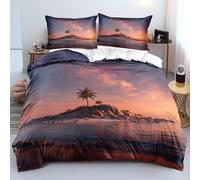 XJHTJA Tropical Islands Pattern Bedding Set 3D Sunset Palm Trees Hawaii Beach Quilt Cover Set for Adults Kids Easy Care Microfiber Nature Theme Simple Double Duvet Cover