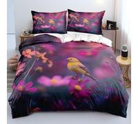XJHTJA Yellow Birds 3D Print Super King Duvet Cover,Purple Flower Pattern Quilt Cover Set for Women Girls Kids,Soft Breathable Microfiber Wild Animals Purple Bedding Set