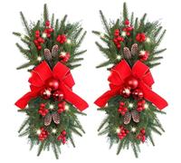 XJKLBYQ Christmas Teardrop Swags,2Pcs Prelit Christmas Stair Swags with Bowknot, Berry, Christmas Ball & More,Xmas Light Up Hanging Decorative Window Swags for Outdoor Front Door Wall Home Decor