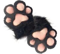 XJKLBYQ Faux Fur Plush Furry Cat Claw Gloves,Fursuit Animal Fox Paws Mittens,Black Plush Winter Therian Gloves for Halloween Costume Cosplay Dress up Accessories