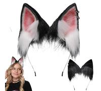 XJKLBYQ Fox Ear, 8.7x7.5 Inch Soft Furry Ears, Portable Faux Fur Therian Ears, Adjustable Wolf Cat Ears Headband for Party Cosplay Costume Accessories, Black White, Fox Ear