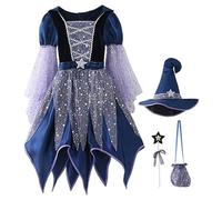 XJKLBYQ Girls Witch Costume, Shining Wicked Witch Dress with Hat, Magics Wand and Candy Bag for Halloween Party Decor(120cm)