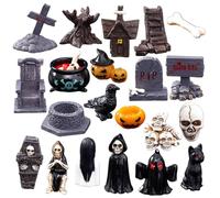 XJKLBYQ Halloween Miniatures, 21PCS Resin Mini Halloween Figurines, Horror Skull Heads Crow Tombstone Scene Village Accessories, Miniatures for Crafts