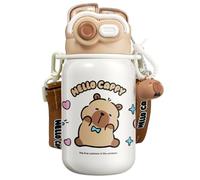 XJKLBYQ Insulated Capybara Water Bottle, 530ml Stainless Steel with Lid & Silicone Straw, Portable Drinking Cup with Keychain & Strap for School, Office & Travel(White)