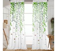 XJKLBYQ Leaf Sheer Curtains,Green Leaf Embroidery Bedroom Curtain,2 Panels Rod Pocket Voile Faux Linen Embroidered Leaves Curtains for Bedroom Living Room Decor - 79x39 Inch