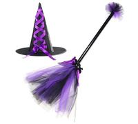 XJKLBYQ Purple Witch Hat and Broom, 2Pcs/Set Flying Witch Broomstick for Halloween Party Decor